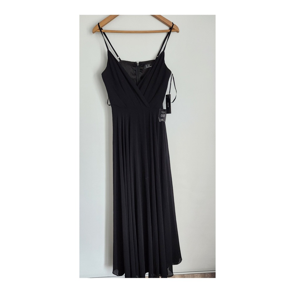 Lulus Reinette Black Surplice Pleated Chiffon Maxi Dress NWT Size L